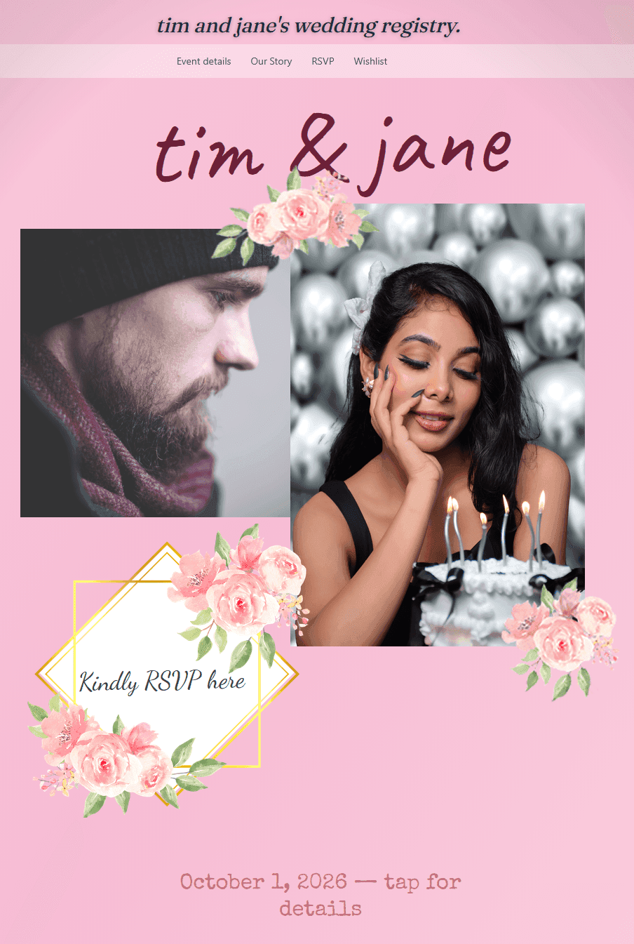 A WishGiven Celebration Hub for a wedding, showing event details, story, RSVP and wishlist navigation above a custom-designed page with photos and an RSVP button